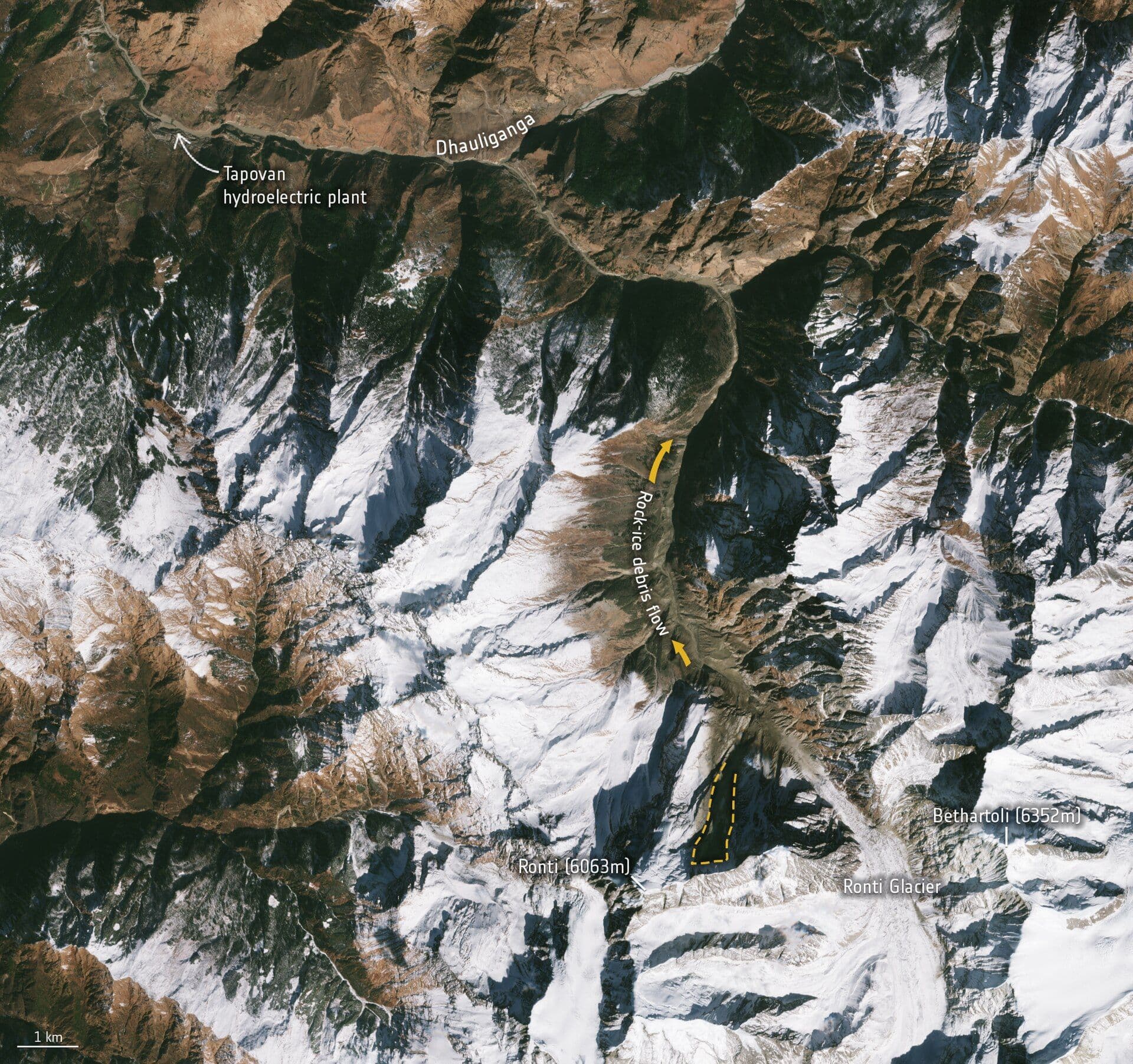 The aftermath of the Chamoli cascade of 7 February 2021 seen from space; the collapse site and the path of the flow